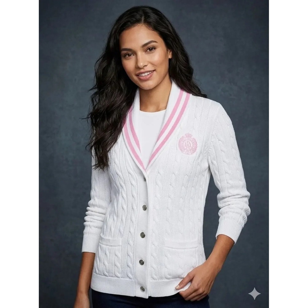 Lauren Ralph Lauren Cable Knit Shawl Collar Varsity Stripe Cardigan White Pink